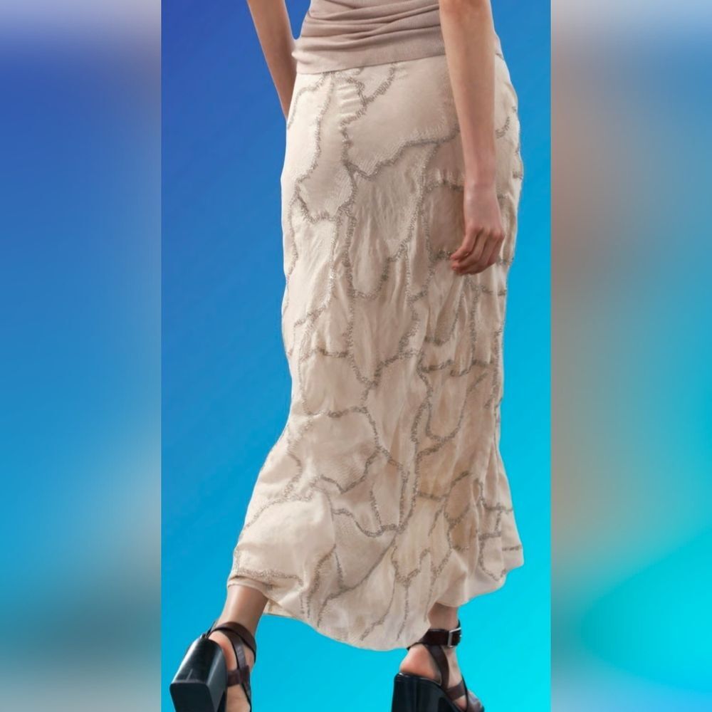 New ZARA Satin Midi Long Slip Skirt Beige Marble Neutral Nude Sz M Beads Sheer - Picture 2 of 14